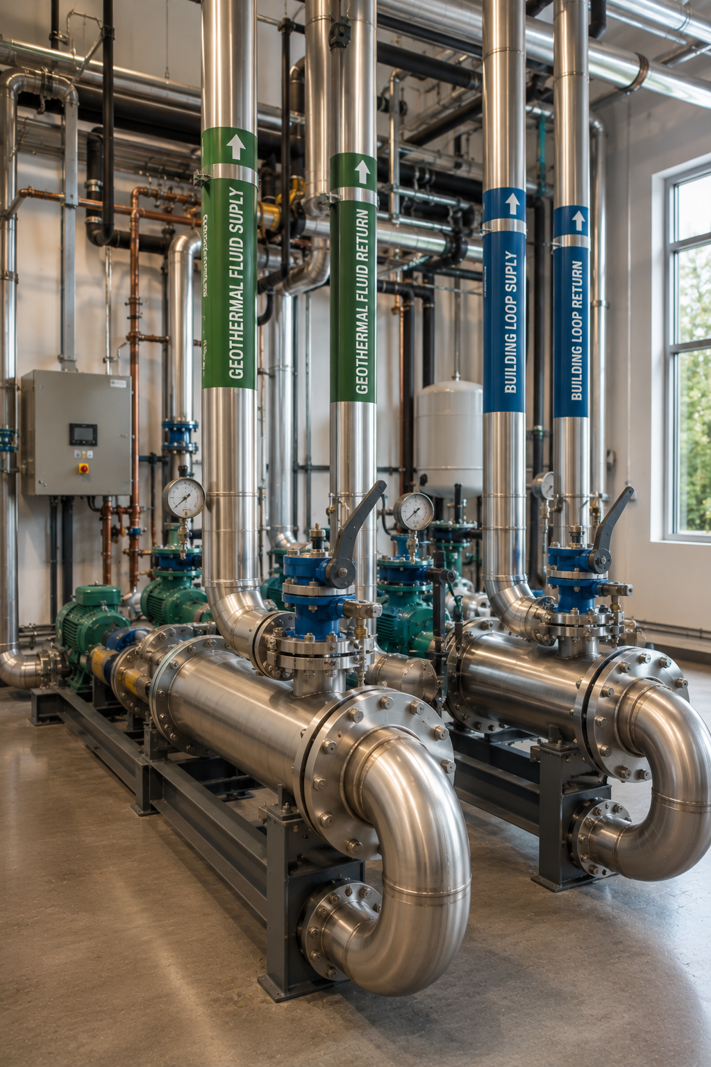 Heat pump plant room with a plate heat exchanger separating the ground loop